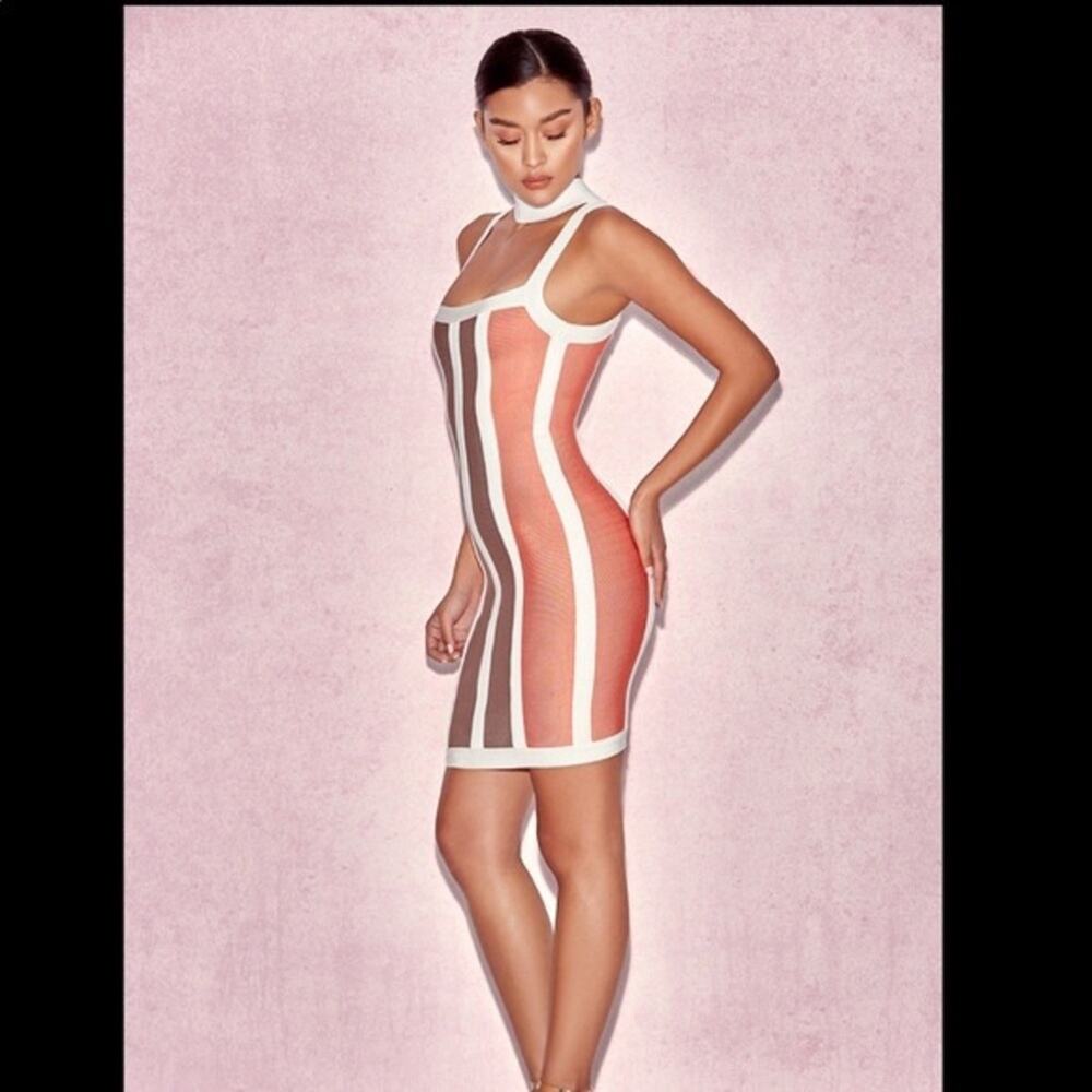 HOUSE OF CB Shah Bodycon Sexy Cut Out Orange Brown White Stripe Strap Mini Dress - Picture 10 of 12